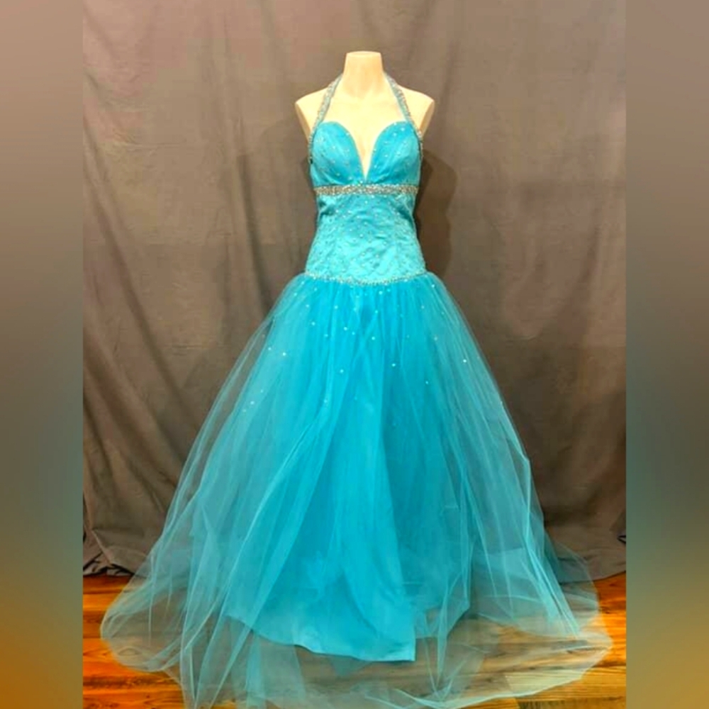 Party Time Formals Turquoise Halter Dress